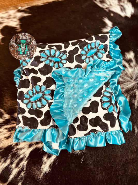 Turquoise Cow Ruffle Blanket